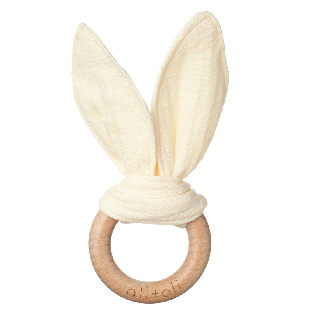 Crinkle Bunny Ears Wooden Ring Teething  (Beige)