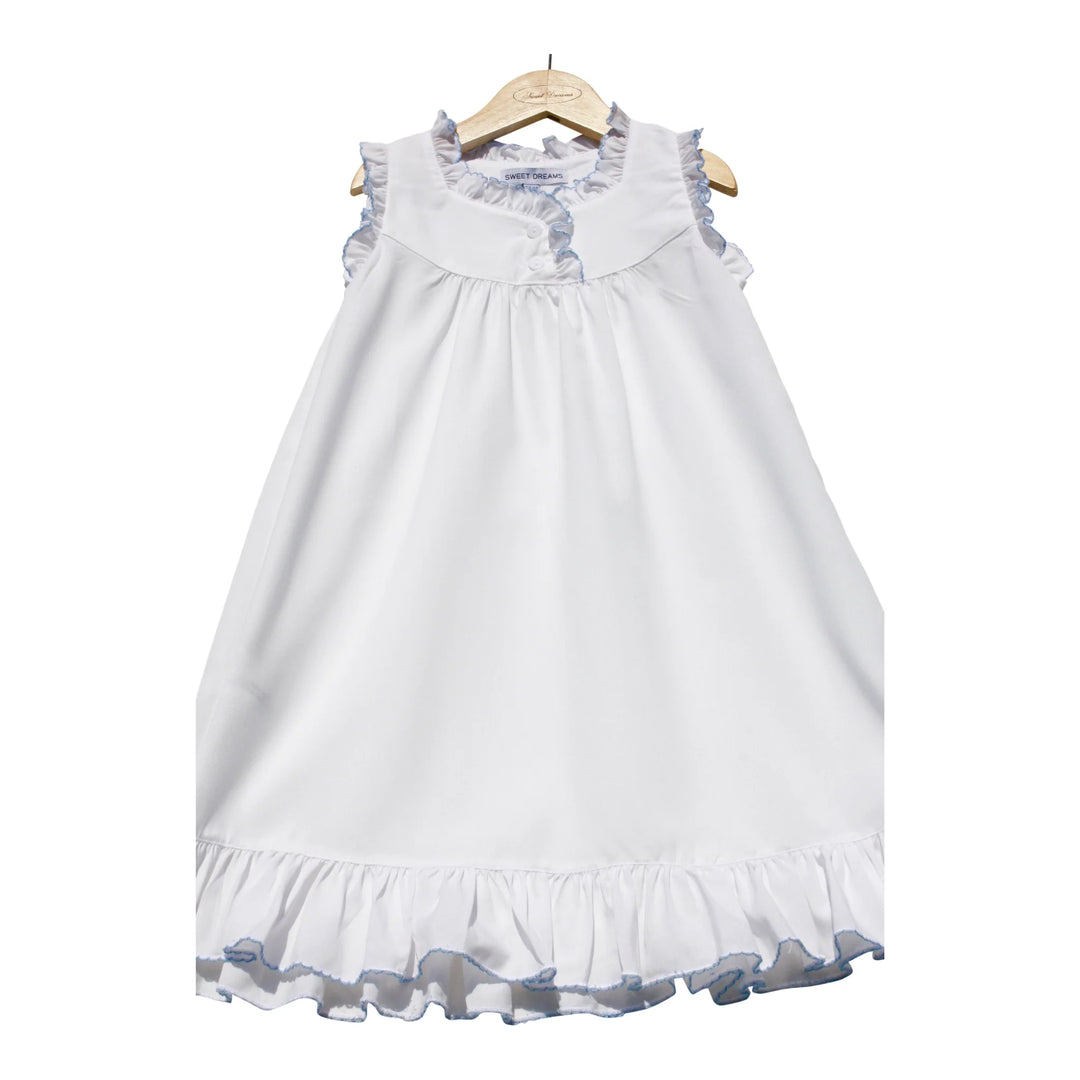 White Sleeveless Gown with Blue Picot Trim by Sweet Dreams