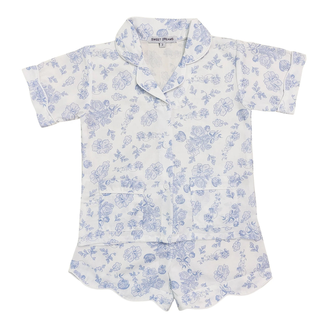 Floral Blue & White Shorts PJ with Scalloped Trim by Sweet Dreams