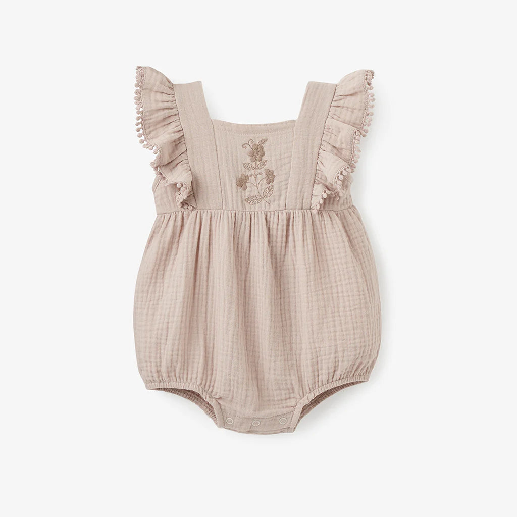 Embroidered Organic Muslin Bubble Romper Taupe by Elegant Baby