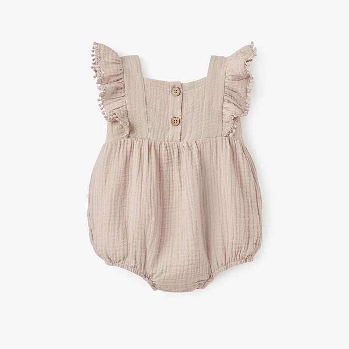 Embroidered Organic Muslin Bubble Romper Taupe by Elegant Baby