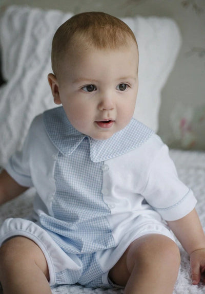 Little English James Bubble with light blue seersucker gingham accents