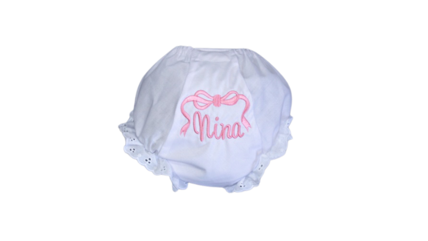 Diaper Cover with Eyelet Trim Stitching Around Brand
