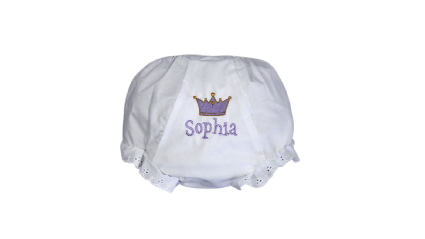 Diaper Cover with Eyelet Trim Stitching Around Brand
