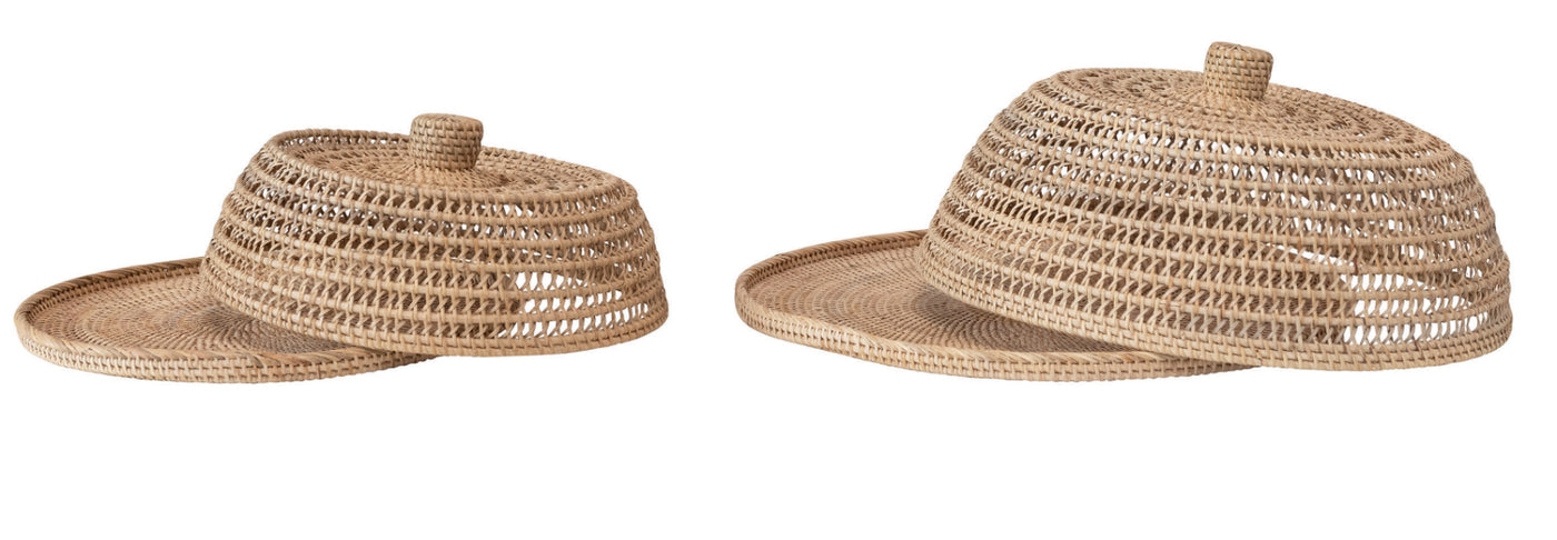 Creative Co-op Hand-Woven Rattan Trays with Rattan Food Covers, Set of 2